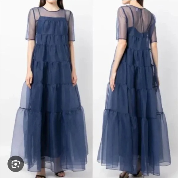 STAUD Navy Sheer Tiered Maxi Dress - Picture 1 of 6
